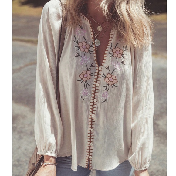 Boho Floral Embroidered Button Down Oversized Blouse - Picture 1 of 8